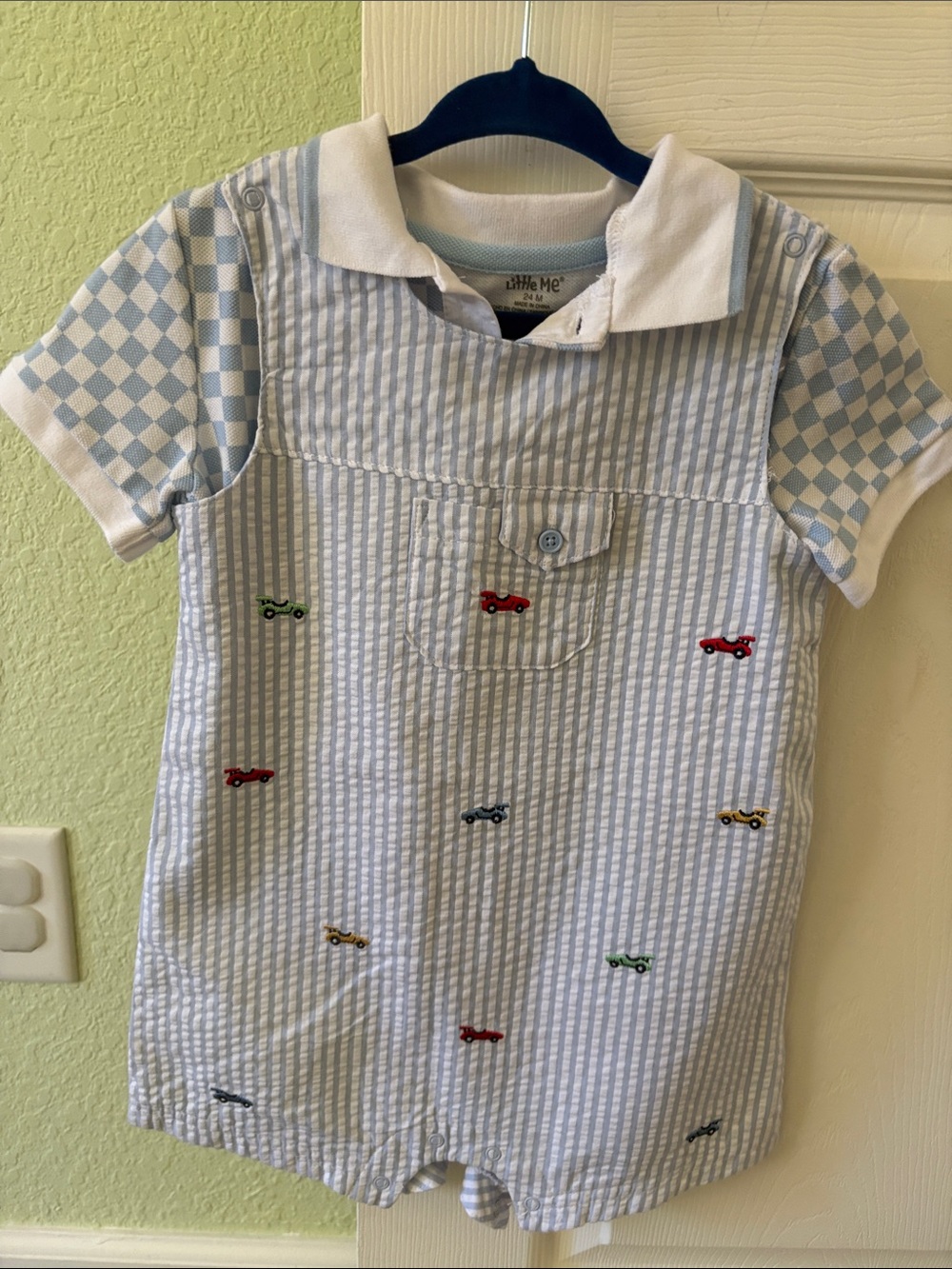 Little Me Blue & White Seersucker Polo Romper with Car Embroidery